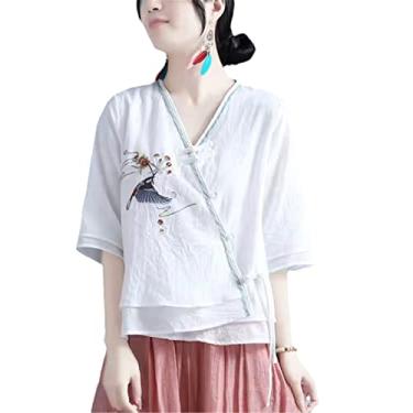 Imagem de Camisetas femininas de linho verão estilo chinês retrô finas camisas tradicionais chinesas tang terno Hanfu étnico feminino Cheongsam, H-801, G