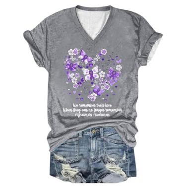 Imagem de PKDong Camiseta feminina de conscientização de Alzheimers, gola V, manga curta, roxa, estampa floral, camisetas femininas para o verão, Z01 Cinza, P