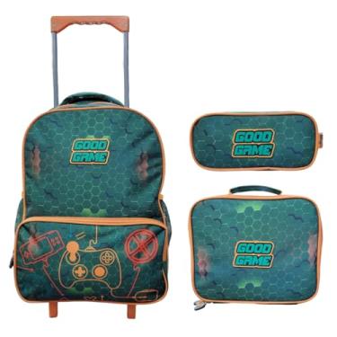 Imagem de Kit Mochila Rodinha Lancheira Estojo Bom Jogo Yins YS42192 (Verde)