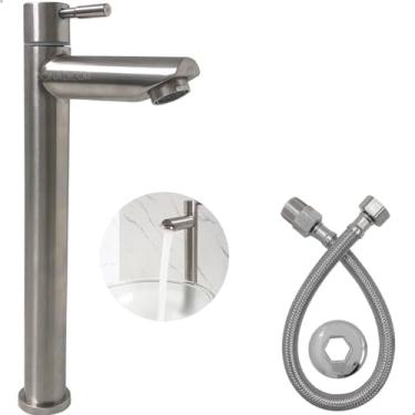 Imagem de Dona D Cor, Torneira Inox Escovado Bica Alta Cuba De Sobrepor Banheiro Água Fria 1/4 De Volta Bancada Pia Lavatorio Lavabo Mesa Luxo