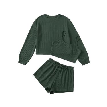 Imagem de SHENHE Conjunto de pijama feminino de 3 peças de malha waffle sem mangas com camiseta, Verde escuro, Large