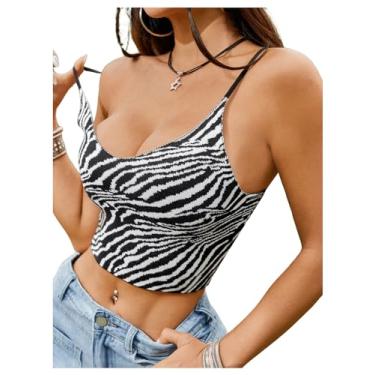 Imagem de BEAUDRM Camiseta feminina Y2K estampa de zebra slim fit sem mangas gola canoa cropped camiseta de malha canelada, Preto e branco, G