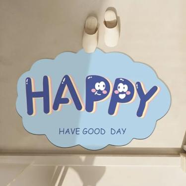 Imagem de Tapetes engraçados de terra de diatomáceas "bom" "feliz" tapete de banho em forma de borda ondulada criativo de secagem rápida super absorvente lavável tapete antiderrapante (azul, 40 x 61 cm)