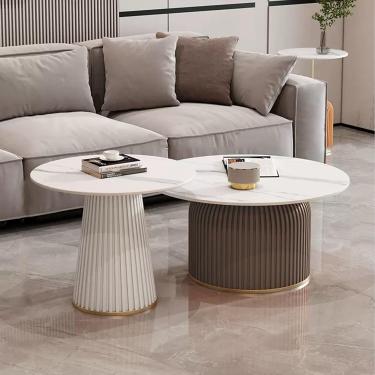 Imagem de Conjunto de 2 mesas de centro redondas com padrão de mármore, mesa lateral moderna e simples para sala de estar, quarto, varanda, quintal, branco + café
