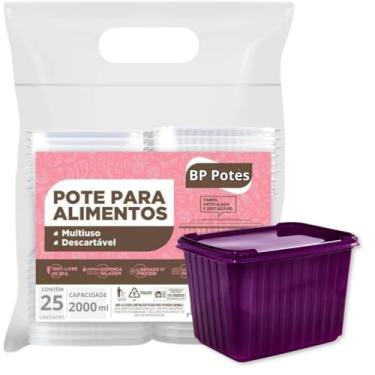 Imagem de Pote Descartavél 2 Litros BP Potes Retangular com Tampa Açai Bolos Sorvetes (Roxo, 25 Unidades)