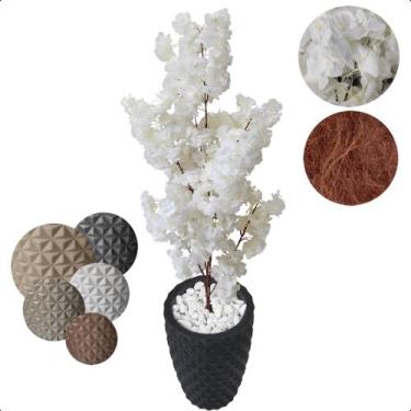 Imagem de Flor Cerejeira Branca Japonesa Arranjo Artificial com Vaso de Decoraçã