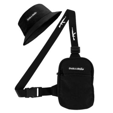 Imagem de Kit Chapeu Bucket Preto + Shoulder Bag Mini Bolsa Lateral Masculina Al