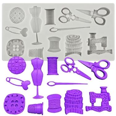 Imagem de QDMOLDS Ferramentas de costura, moldes de silicone, tesouras, botão, costura, roupas, fondant, molde, máquina de costura, para decoração de bolos, cobertura de cupcake, chocolate, doces, pasta de
