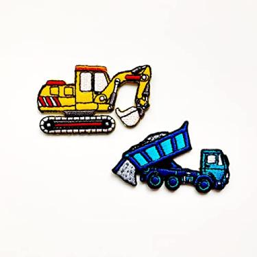 Imagem de PL Conjunto de 2 minúsculos. Mini retroescavadeira, escavadeira, despejo, desenho fofo, desenho animado, costurar, passar a ferro em aplique bordado, crachá de sinal, remendo