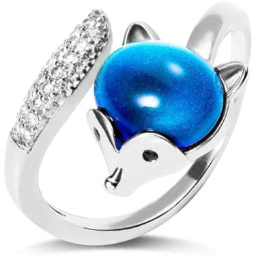 Imagem de Anel de humor ajustável para mulheres que mudam de cor prata anel de pedra de humor anel de mudança de cor anel presente para ela raposa anéis de humor para mulheres anel que muda de cor, Latão, Pedra