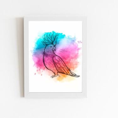 Imagem de Calopsita Aquarela Passarinho Quadro Moldura Branca 60x40cm - PlimShop
