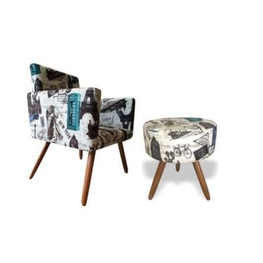 Imagem de Kit Poltrona Decorativa Nina Suede Paris Azul E Puff Redondo Pés Palit