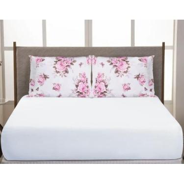 Imagem de Jogo De Lençol Elástico Casal Padrão Box 3 Peças 200 Fios Rosas Branco