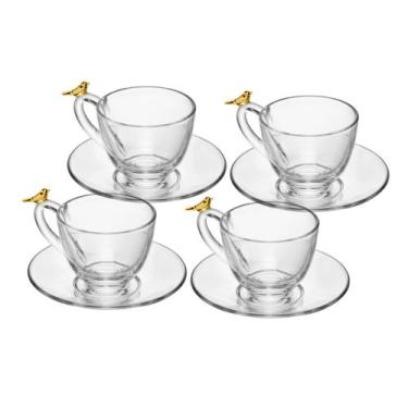 Imagem de Conjunto 4 Xícaras E Pires Birds Gold 180ml Chá Café Pássaro - Wolff