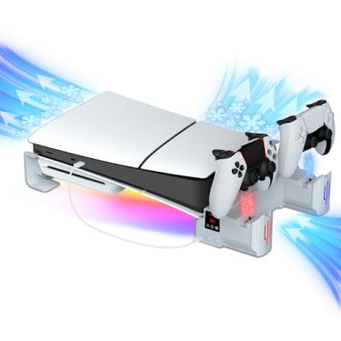 Imagem de Hosanwell Suporte horizontal fino para PS5, suporte de resfriamento com carregador de controle duplo para Playstation5 Slim, luzes RGB e suporte para ventilador de resfriamento, branco