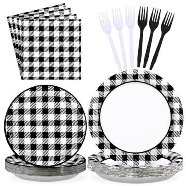 Imagem de Conjunto de pratos e guardanapos de papel xadrez preto e branco, preto e branco, 350 g/m², para churrasco, piquenique, corrida, carro, decoração de festa de aniversário, serve 24