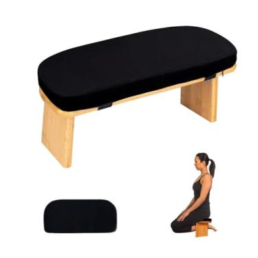 Imagem de Banco de meditação com almofada dobrável e ergonômico banco de joelhos de bambu banco de madeira para meditação cadeira zen lótus yoga banco de chão sentado oração travesseiro removível (preto-1)