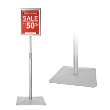 Imagem de Golemas suporte de sinalização ajustável para exibição, com base de ferro atualizada, suporte de sinalização de pedestal para publicidade externa ou interna (8,5 x 11, prata)