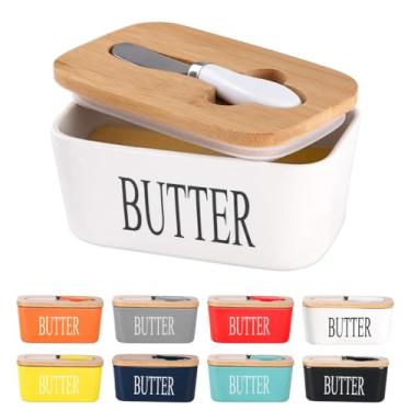 Imagem de Lxmons Manteiga de cerâmica com tampa de madeira, grande recipiente de manteiga para armazenamento com espalhador de faca de manteiga de aço inoxidável, capa de bambu e anel de vedação de silicone