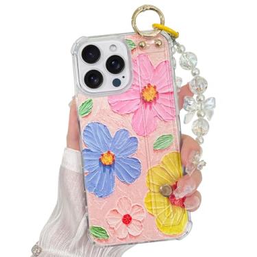 Imagem de AIGOMARA Capa protetora para iPhone 16 Pro Max com pulseira e corrente de pulseira para mulheres e meninas, linda pintura a óleo 3D estampa floral flores padrão alça de mão suporte capa protetora,