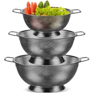 Imagem de 3 escorredores Bokon de aço inoxidável, tigela e peneira de 900 ml, 2,9 l e 4,7 l, cesta de tela de metal com alça, escorredor de macarrão para drenagem de alimentos e escorrer macarrão (Preto)