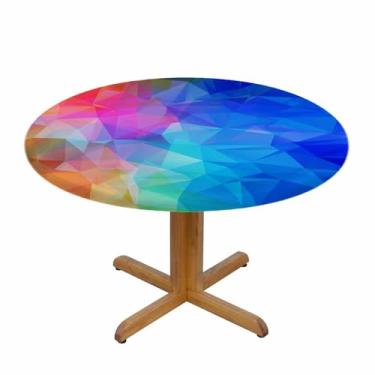 Imagem de Yinron Toalha de mesa redonda de polígono colorido triângulo geométrico mosaico com bordas elásticas, toalhas de mesa resistentes a desbotamento e manchas, fácil de limpar, cabe em mesas de 101 a 111