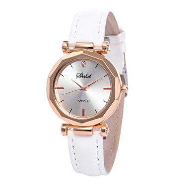 Imagem de Relógio casual feminino, pulseira de couro com mostrador em forma de diamante, relógio de pulso analógico de quartzo, relógio de pulso feminino de aço inoxidável, presente ideal para ela, Branco,