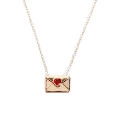 Imagem de UniLogue Colar com pingente de caixa envelope de amor rubi que abre e fecha com letra I Love You, provérbios, banhado a ouro 18K, Latão, Zircão