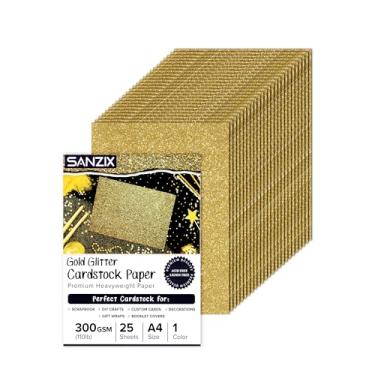Imagem de SANZIX 25 folhas de cartolina dourada com glitter – 21 x 29,7 cm, 49,9 kg, 300 g/m2, cartolina de papel brilhante pesado para Cricut, scrapbook, artesanato DIY, cartões de Natal, embrulhos de