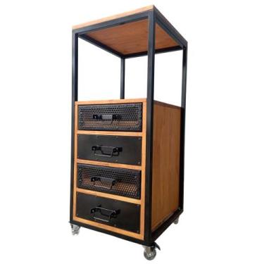 Imagem de Gaveteiro Industrial de Ferro e Madeira - Com 1 Nicho Vazado, 4 Gaveta