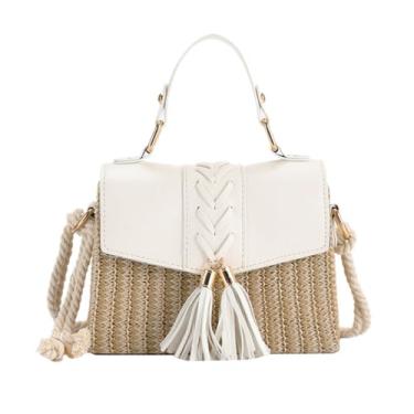 Imagem de Bolsa transversal de palha tecida, aba de couro com borlas, bolsa de praia, bolsa de tecido para férias, Branco