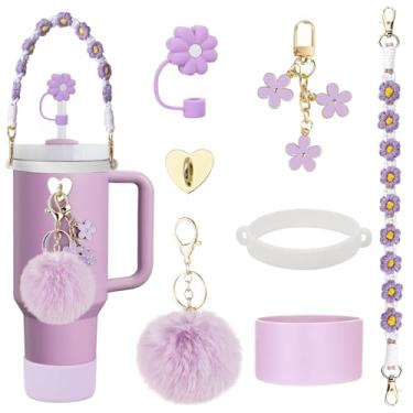 Imagem de Acessórios para copos Stanley Conjunto de acessórios incluindo alça de alça de garrafa de água, capa de canudo de bota de silicone para copo Stanley para crianças meninas, pingentes de copo para copos