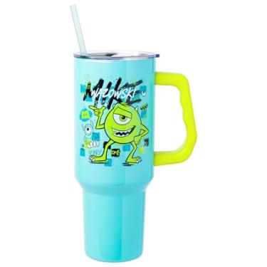 Imagem de Silver Buffalo Disney Pixar Monsters Inc com Mike Wazowski Copo assustador de aço inoxidável com alça e canudo, cabe em porta-copos padrão, 1,134 g
