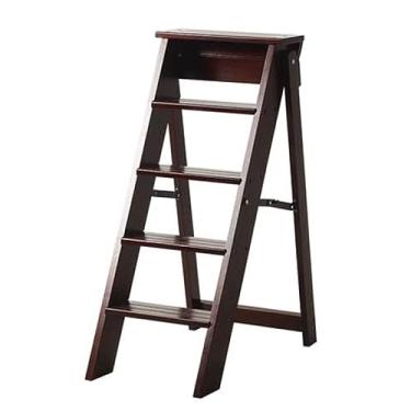 Imagem de Escada dobrável com 5 degraus, escadas espessas de madeira maciça com pedal largo, escada doméstica dobrável com degraus de segurança antiderrapantes, suporte para flores, suporte de armazenamento e