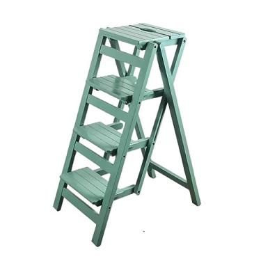 Imagem de Escada dobrável para adultos/escadas/suporte de plantas, banquinho de madeira portátil dobrável em 4 degraus, antiderrapante e leve, banco dobrável com capacidade de 150 kg (verde)