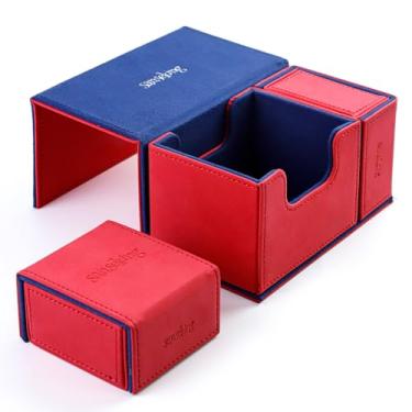 Imagem de Sanseking Caixa de baralho com bandeja de dados para MTG Commander Deck Box com bandeja de dados de couro macio Tcg Caixa de cartão Magic Gift para MTG TCG CCG (vermelho)