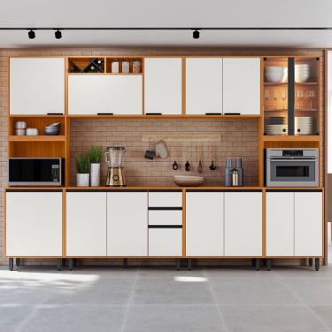 Imagem de Cozinha Modulada Ravena 6 peças Com Cristaleira e Led - Freijó UV/Off Acetindo Poliman 