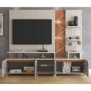 Imagem de Estante Home Cross para TV até 55 Polegadas 4 Portas Prateleiras Luz Led e Rodízio Off White/Jequitibá - Lukaliam