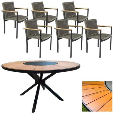 Imagem de Mesa 1,50m Giratória Zurick De Madeira 6 Poltronas Amélia Corda Náutica De Jantar Cinza