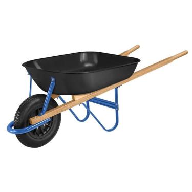 Imagem de Carrinho De Mão Tramontina Com Caçamba Rasa Plástica Preta 50 l, Braço De Madeira E Pneu Com Câmara