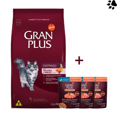 Imagem de Ração Gran Plus Gatos Adultos Castrados Salmão e Arroz 10,1kg + Surpresa