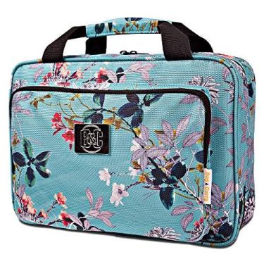 Imagem de Bolsa cosmética de viagem grande para mulheres - Saco de higiene e maquiagem cosmética com muitos bolsos (flores turquesas)