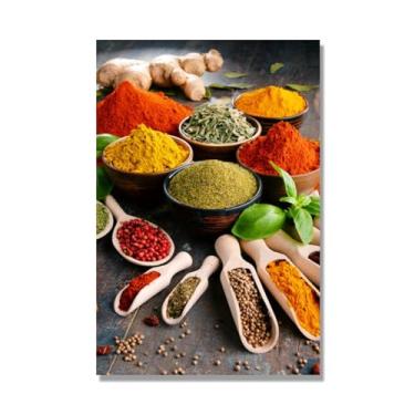 Imagem de Arte de parede colorida em tela para especiarias e colher de tempero | Decoração de cozinha vintage | Arte moderna para casa e sala de jantar (especiarias mistas 39). 30 x 45 cm-11,8 x 17,7 pol. Sem