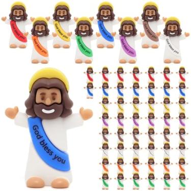 Imagem de Yelakey Mini figuras de Jesus 50 peças pequenas estatuetas de Jesus em massa clássico religioso salvador Jesus decoração para batismo domingo ovos de Páscoa marrom