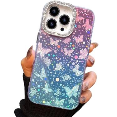 Imagem de I-MGAE-IN-AR Capa compacta para iPhone 13 Pro Max design borboleta, moldura de proteção de lente de câmera de diamante 3D, capa protetora de TPU macio e macio à prova de choque para mulheres meninas