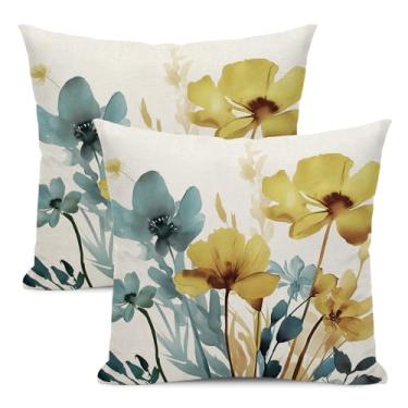 Imagem de Yxuiyal Conjunto de 2 capas de almofada florais de primavera 40,6 x 40,6 cm com 2 capas de almofada florais azuis e amarelas para ambientes externos, decoração de flores de verão, capa de almofada