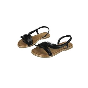 Imagem de Verdusa Sandália feminina com franja decorativa de couro com bico aberto, Preto, 38