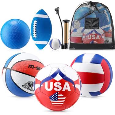 Imagem de RoundFunny Conjunto de 6 bolas multiesportivas tamanho oficial futebol, basquete, vôlei, bola de playground, beisebol com bomba de bolsa de equipamento para adolescentes adultos presente de volta às