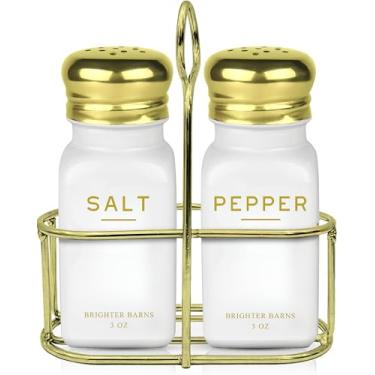Imagem de Conjunto de saleiro e pimenteiro de luxo com suporte da Brighter Barns - Acessórios de cozinha modernos essenciais de cozinha, branco e dourado - Agitadores de vidro vintage com suporte para