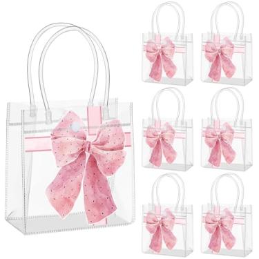 Imagem de MotiMind 12 peças de saco de presente transparente PVC laço rosa com alça, sacola de plástico reutilizável para despedida de solteira, chá de panela, casamento, festa de aniversário
